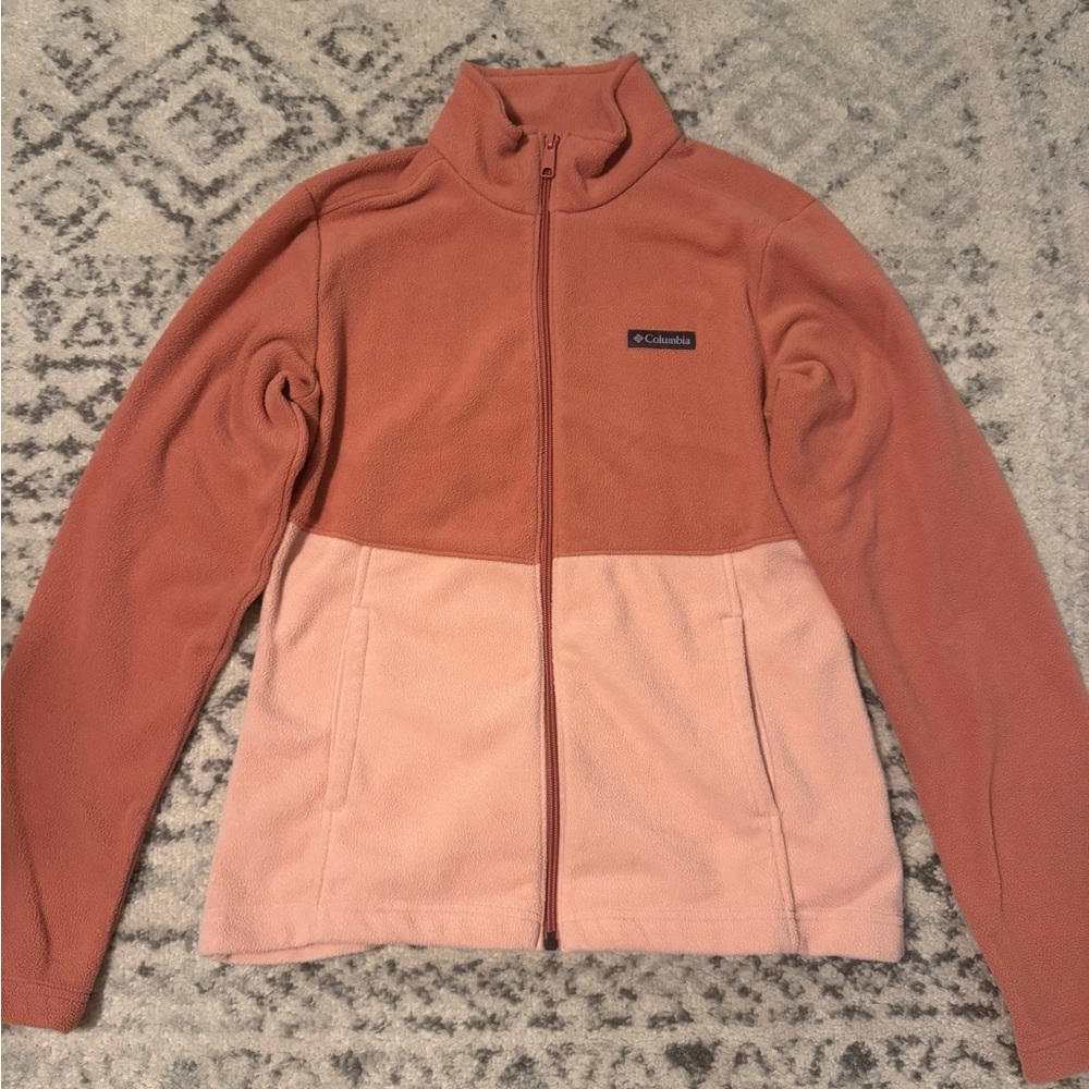 Columbia Tan and Pink Ski Jacket with Full-Length Zipper